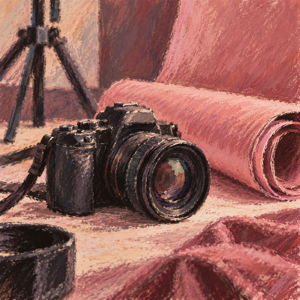 Illustration of commercial photography studio: an unbranded camera, a folded seamless backdrop, a tripod