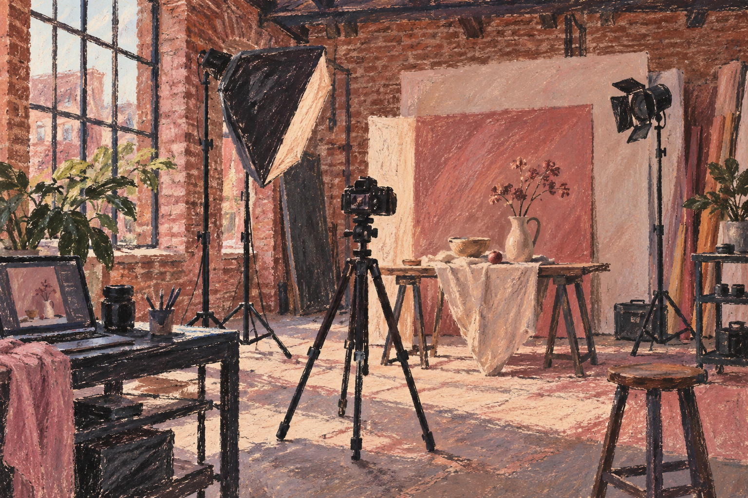 Illustration of commercial photography studio: a tripod, light stands, a still-life table